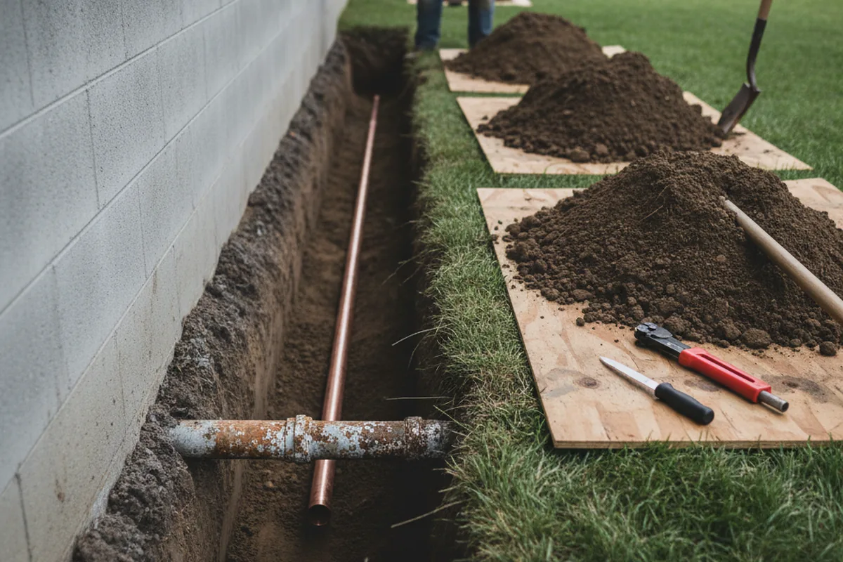 Excavated water line trench during Water Softener Installation in Vandalia